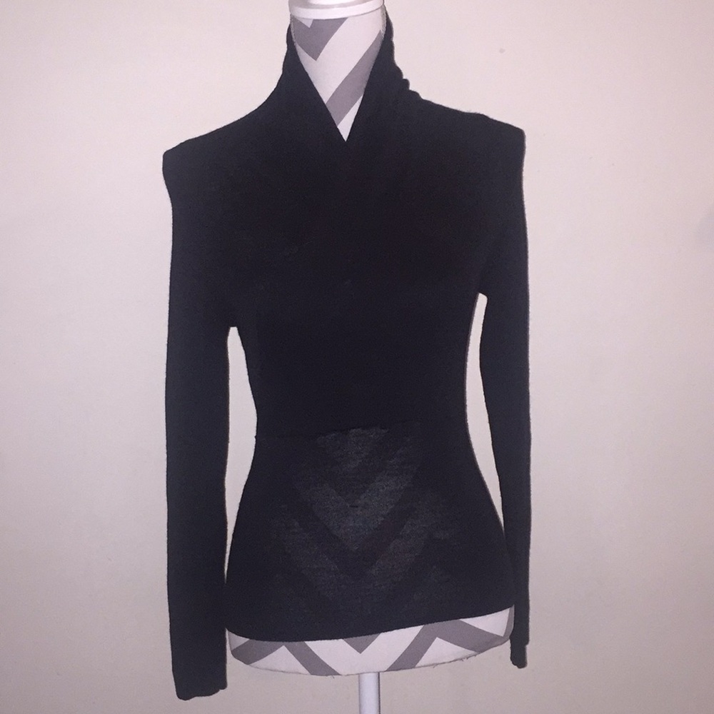 Women Small Black Merino Wool cross front top